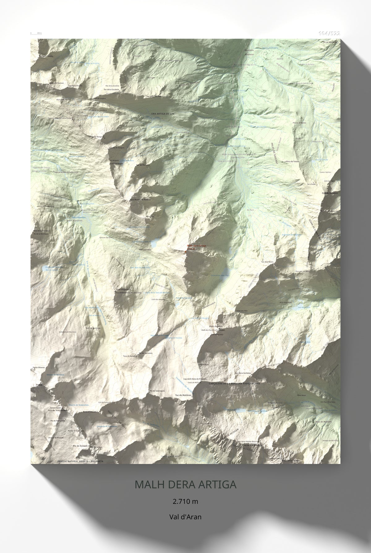 Mapa de relieve de Malh dera Artiga, 2710 m, Val d'Aran, lámina 100 Cims de Trobart 61 × 91 cm.
