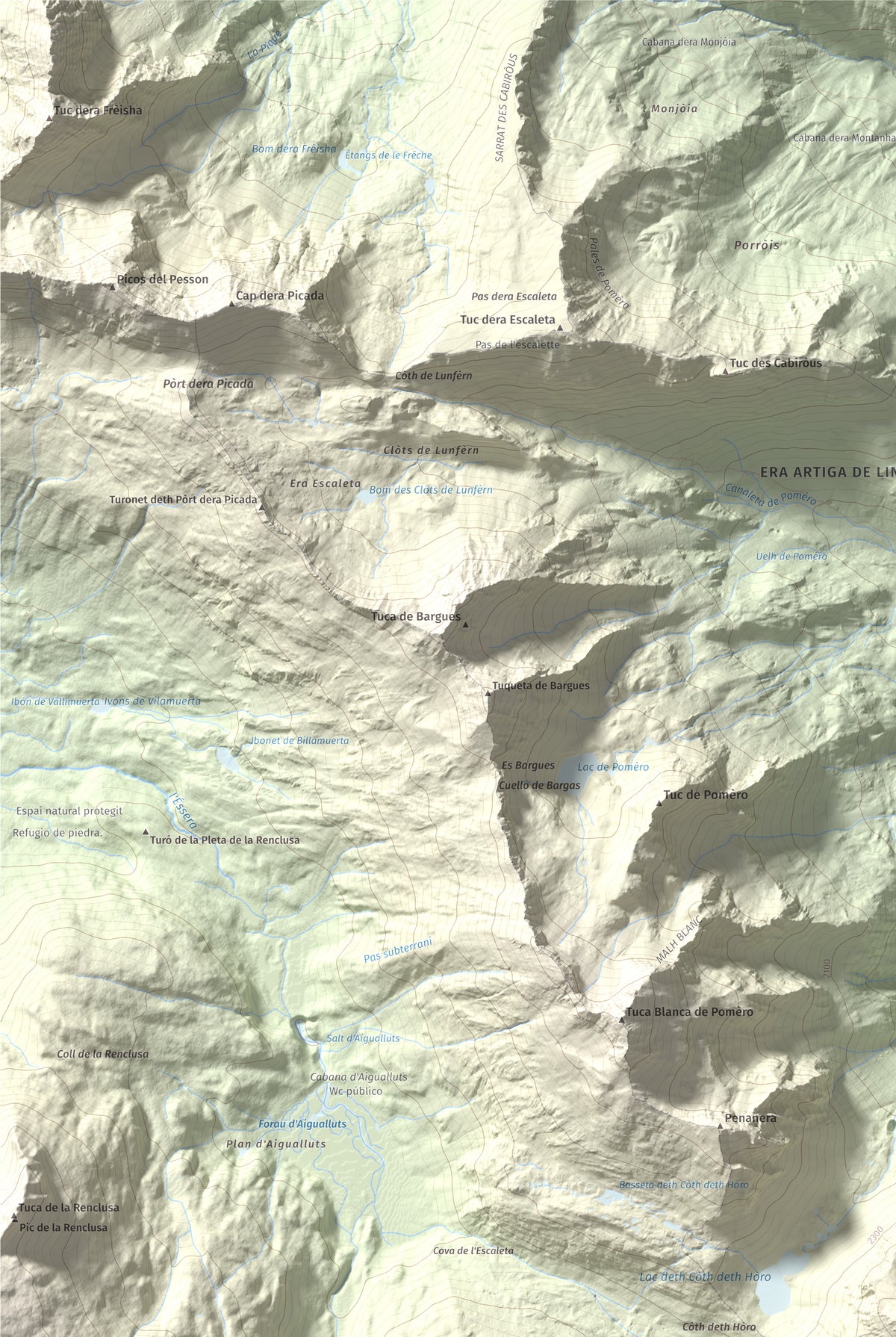 Mapa de relieve de Malh dera Artiga, 2710 m, Val d'Aran, lámina 100 Cims de Trobart. Detalle de la zona superior izquierda. 61 × 91 cm.