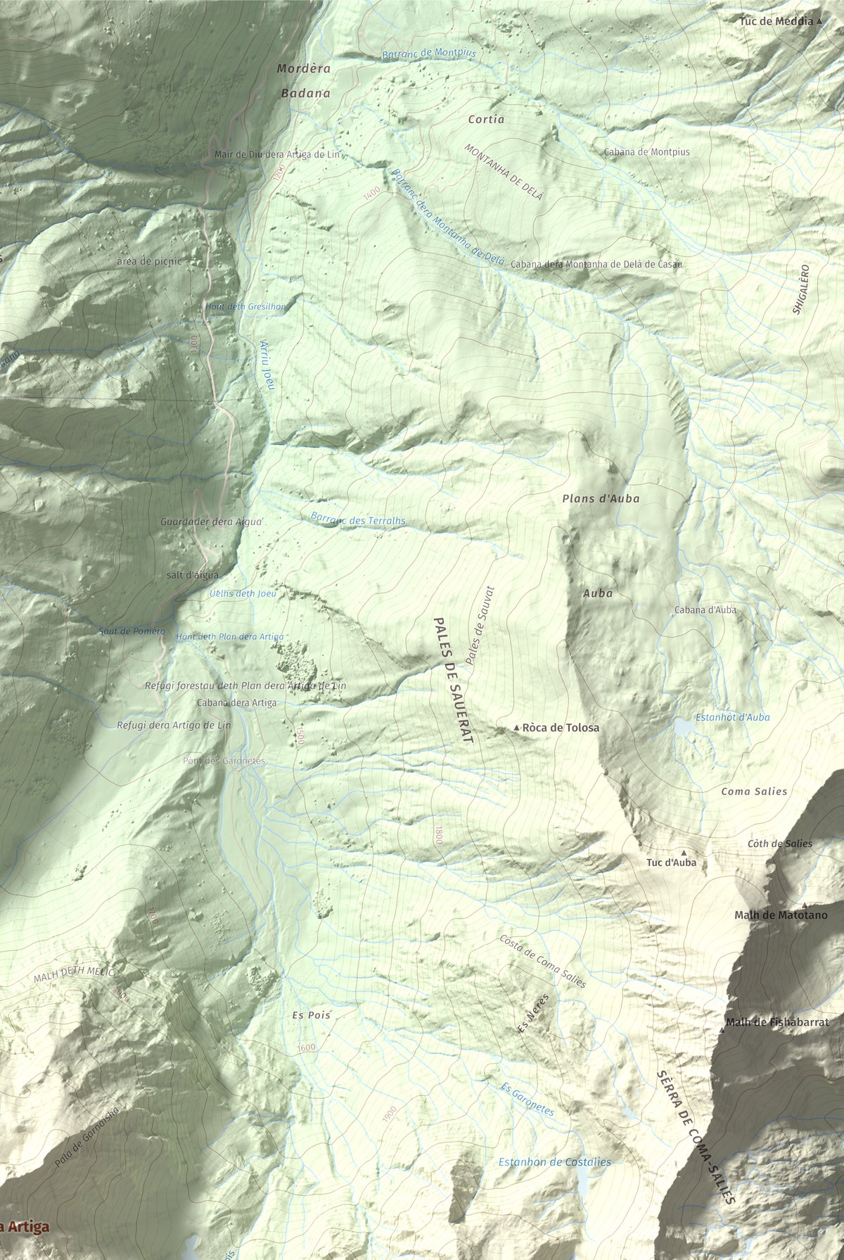Mapa de relieve de Malh dera Artiga, 2710 m, Val d'Aran, lámina 100 Cims de Trobart. Detalle de la zona superior derecha. 61 × 91 cm.