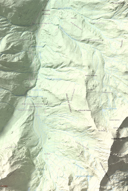 Mapa de relieve de Malh dera Artiga, 2710 m, Val d'Aran, lámina 100 Cims de Trobart. Detalle de la zona superior derecha. 61 × 91 cm.