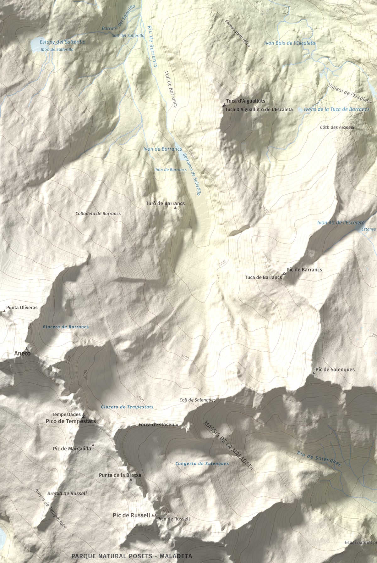 Mapa de relieve de Malh dera Artiga, 2710 m, Val d'Aran, lámina 100 Cims de Trobart. Detalle de la zona inferior izquierda. 61 × 91 cm.