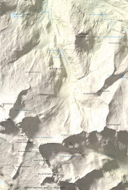 Mapa de relieve de Malh dera Artiga, 2710 m, Val d'Aran, lámina 100 Cims de Trobart. Detalle de la zona inferior izquierda. 61 × 91 cm.