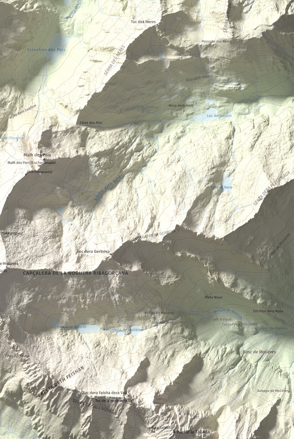 Mapa de relieve de Malh dera Artiga, 2710 m, Val d'Aran, lámina 100 Cims de Trobart. Detalle de la zona inferior derecha. 61 × 91 cm.