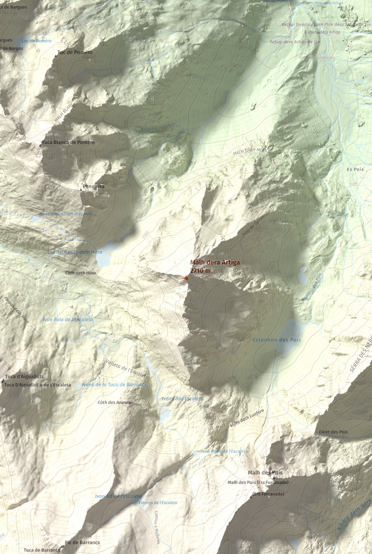 Mapa de relieve de Malh dera Artiga, 2710 m, Val d'Aran, lámina 100 Cims de Trobart. Detalle de la zona central. 61 × 91 cm.