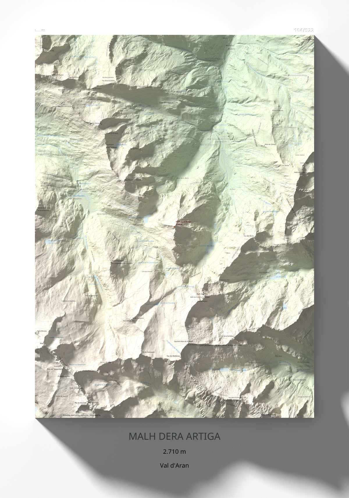 Mapa de relieve de Malh dera Artiga, 2710 m, Val d'Aran, lámina 100 Cims de Trobart 70 × 100 cm.