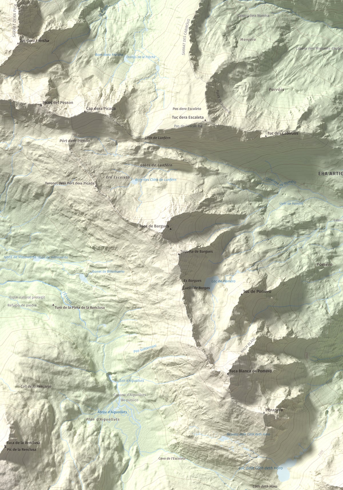 Mapa de relieve de Malh dera Artiga, 2710 m, Val d'Aran, lámina 100 Cims de Trobart. Detalle de la zona superior izquierda. 70 × 100 cm.