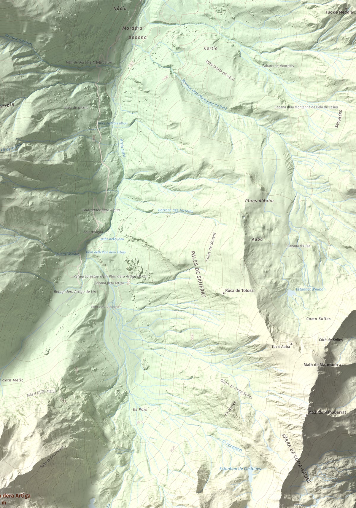 Mapa de relieve de Malh dera Artiga, 2710 m, Val d'Aran, lámina 100 Cims de Trobart. Detalle de la zona superior derecha. 70 × 100 cm.