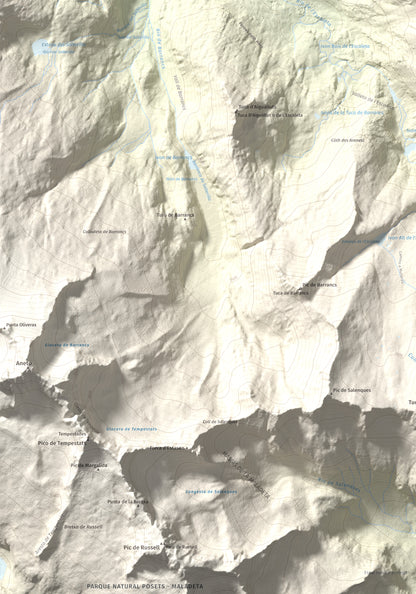 Mapa de relieve de Malh dera Artiga, 2710 m, Val d'Aran, lámina 100 Cims de Trobart. Detalle de la zona inferior izquierda. 70 × 100 cm.