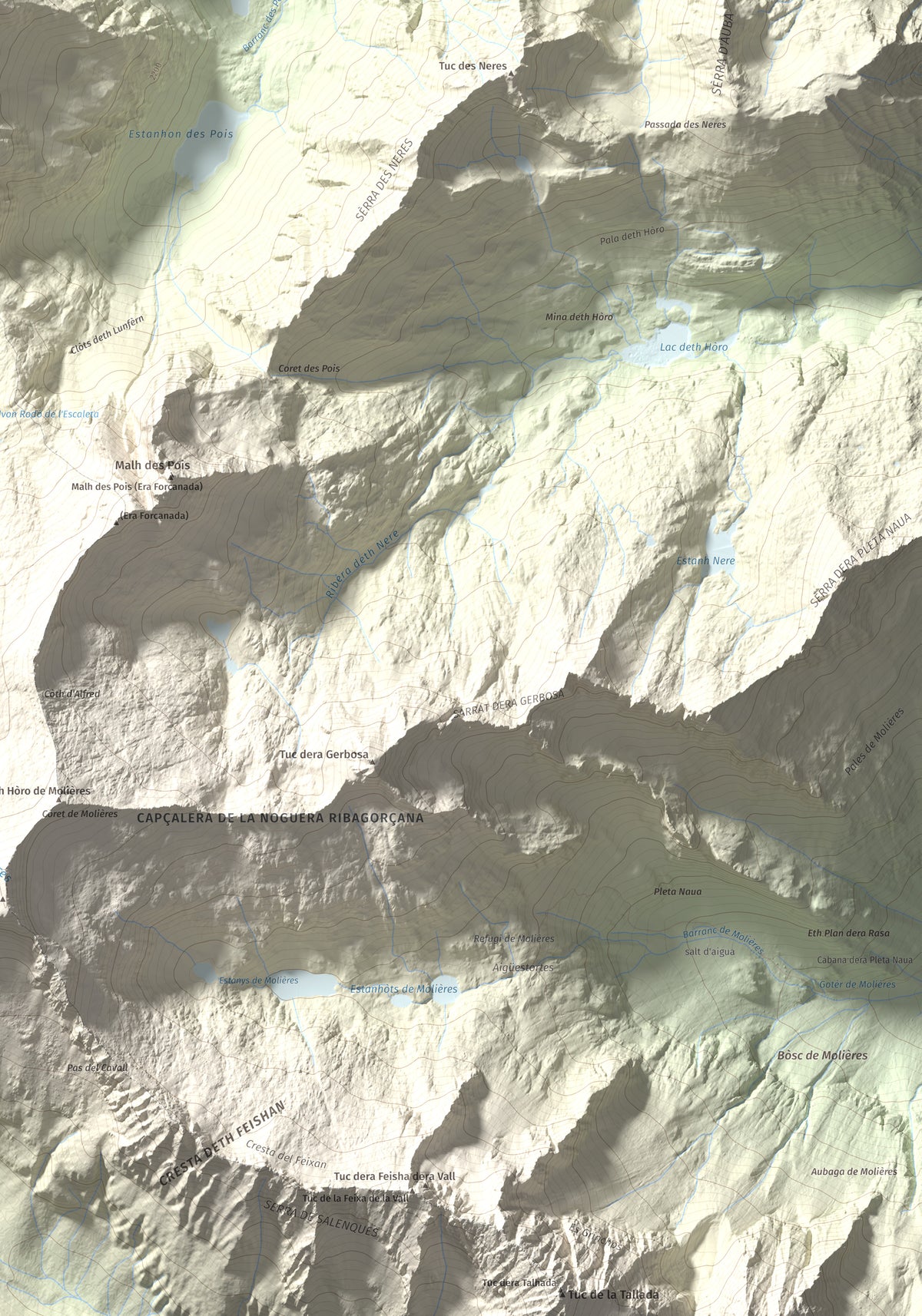 Mapa de relieve de Malh dera Artiga, 2710 m, Val d'Aran, lámina 100 Cims de Trobart. Detalle de la zona inferior derecha. 70 × 100 cm.