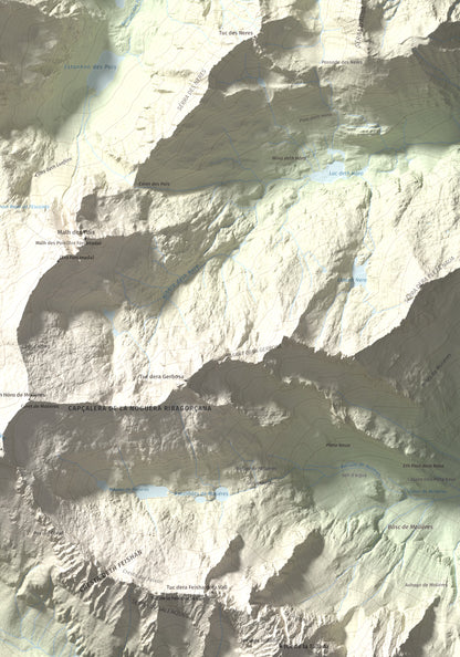 Mapa de relieve de Malh dera Artiga, 2710 m, Val d'Aran, lámina 100 Cims de Trobart. Detalle de la zona inferior derecha. 70 × 100 cm.