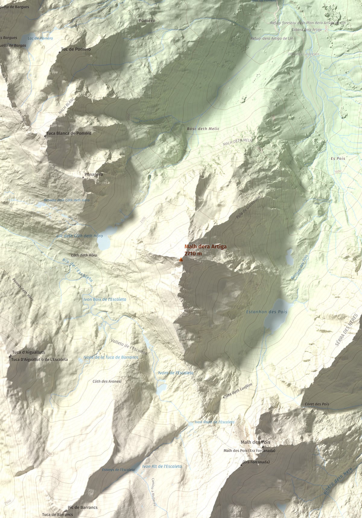 Mapa de relieve de Malh dera Artiga, 2710 m, Val d'Aran, lámina 100 Cims de Trobart. Detalle de la zona central. 70 × 100 cm.