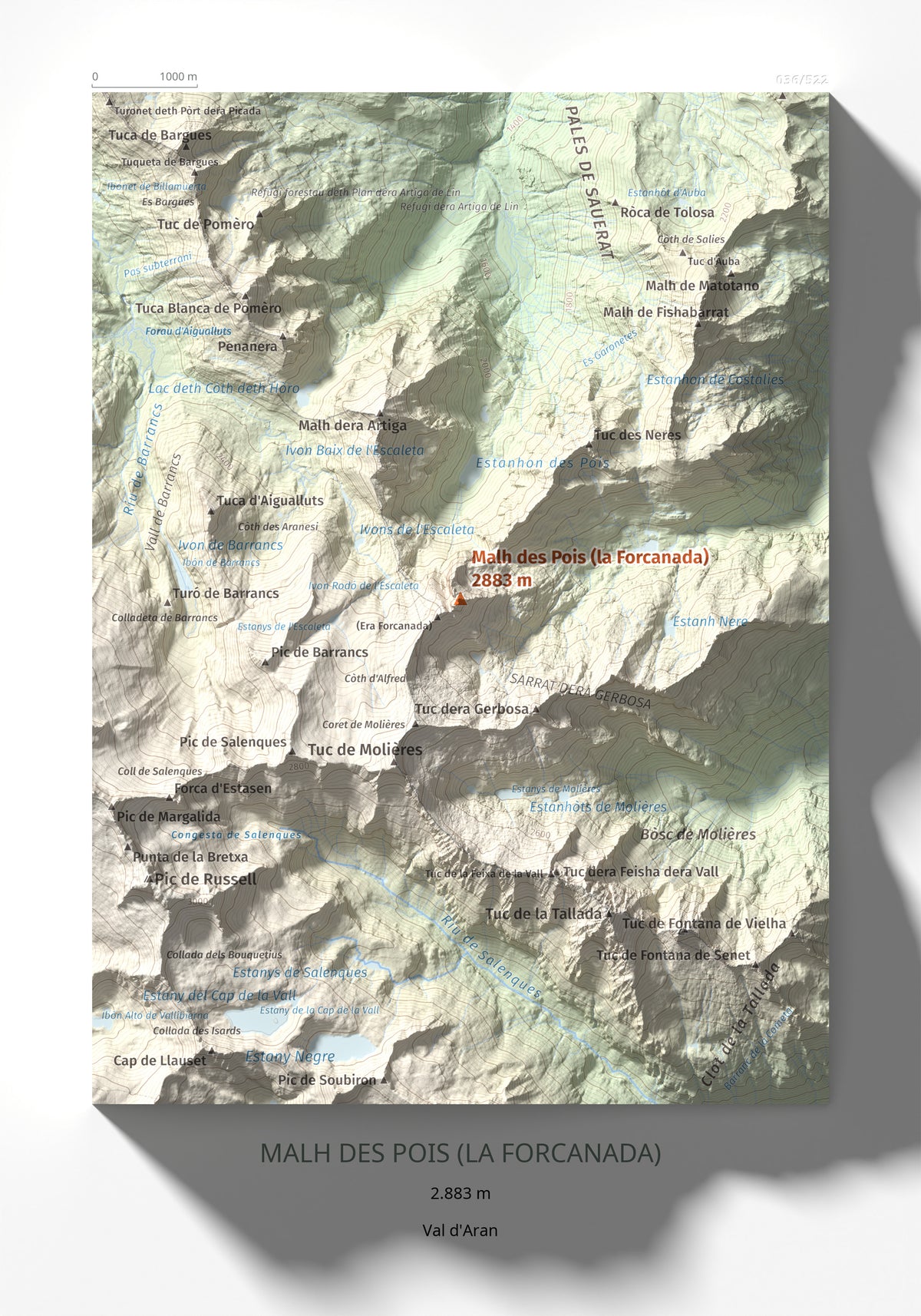 Mapa de relieve de Malh des Pois (la Forcanada), 2883 m, Val d'Aran, lámina 100 Cims de Trobart 21 × 30 cm.