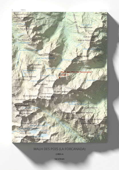 Mapa de relieve de Malh des Pois (la Forcanada), 2883 m, Val d'Aran, lámina 100 Cims de Trobart 21 × 30 cm.