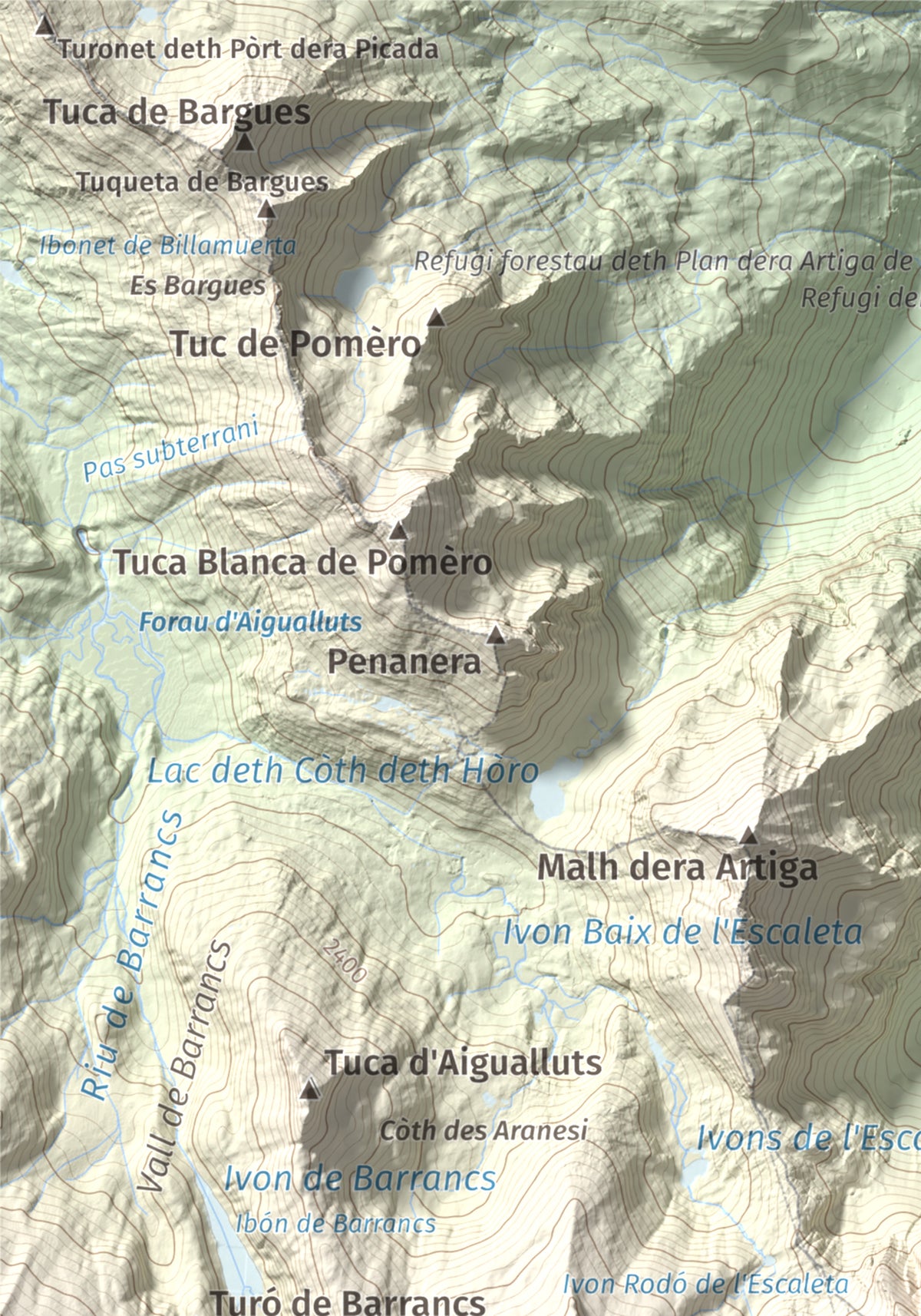 Mapa de relieve de Malh des Pois (la Forcanada), 2883 m, Val d'Aran, lámina 100 Cims de Trobart. Detalle de la zona superior izquierda. 21 × 30 cm.