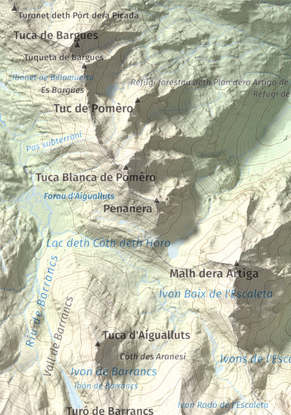 Mapa de relieve de Malh des Pois (la Forcanada), 2883 m, Val d'Aran, lámina 100 Cims de Trobart. Detalle de la zona superior izquierda. 21 × 30 cm.