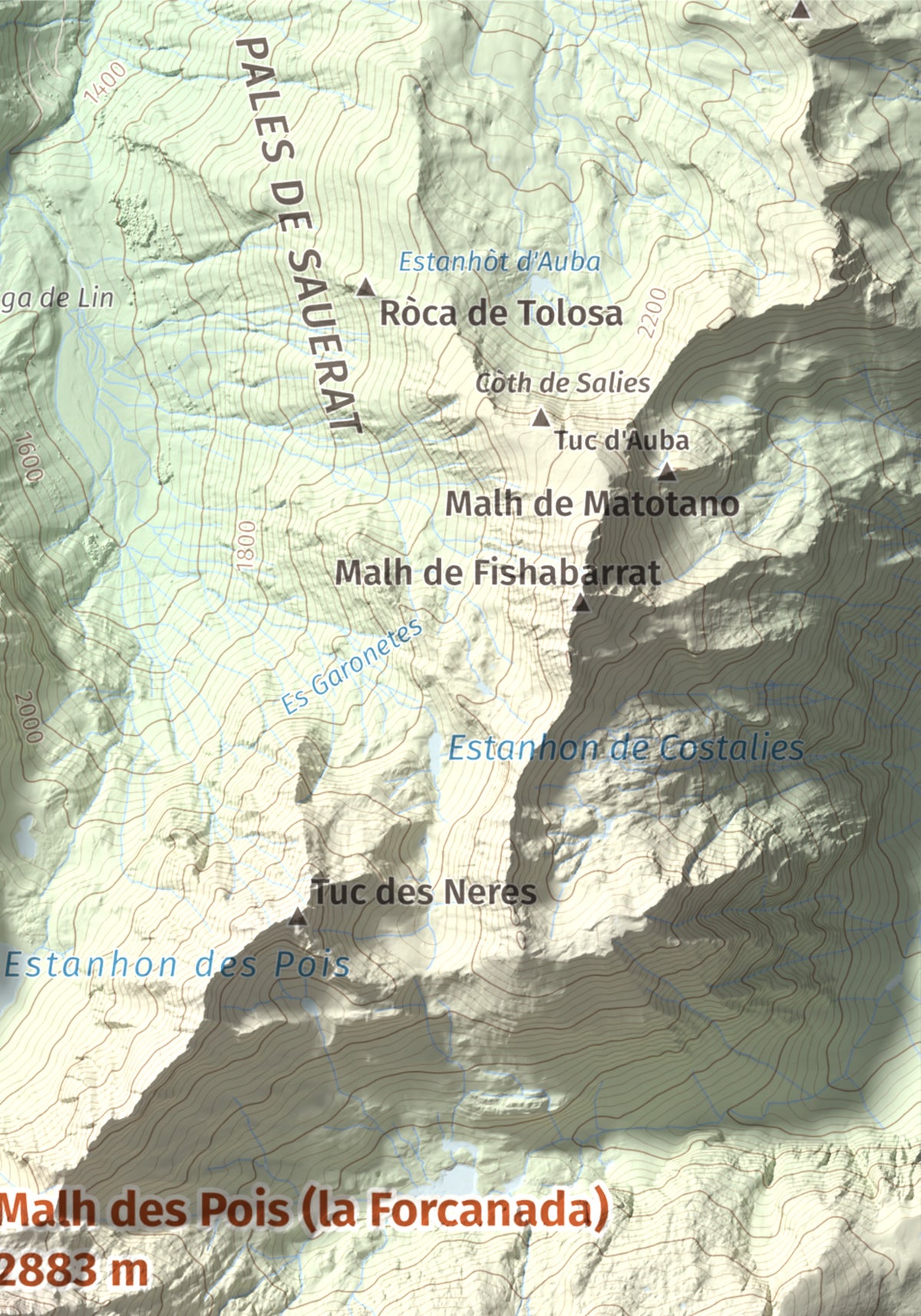 Mapa de relieve de Malh des Pois (la Forcanada), 2883 m, Val d'Aran, lámina 100 Cims de Trobart. Detalle de la zona superior derecha. 21 × 30 cm.