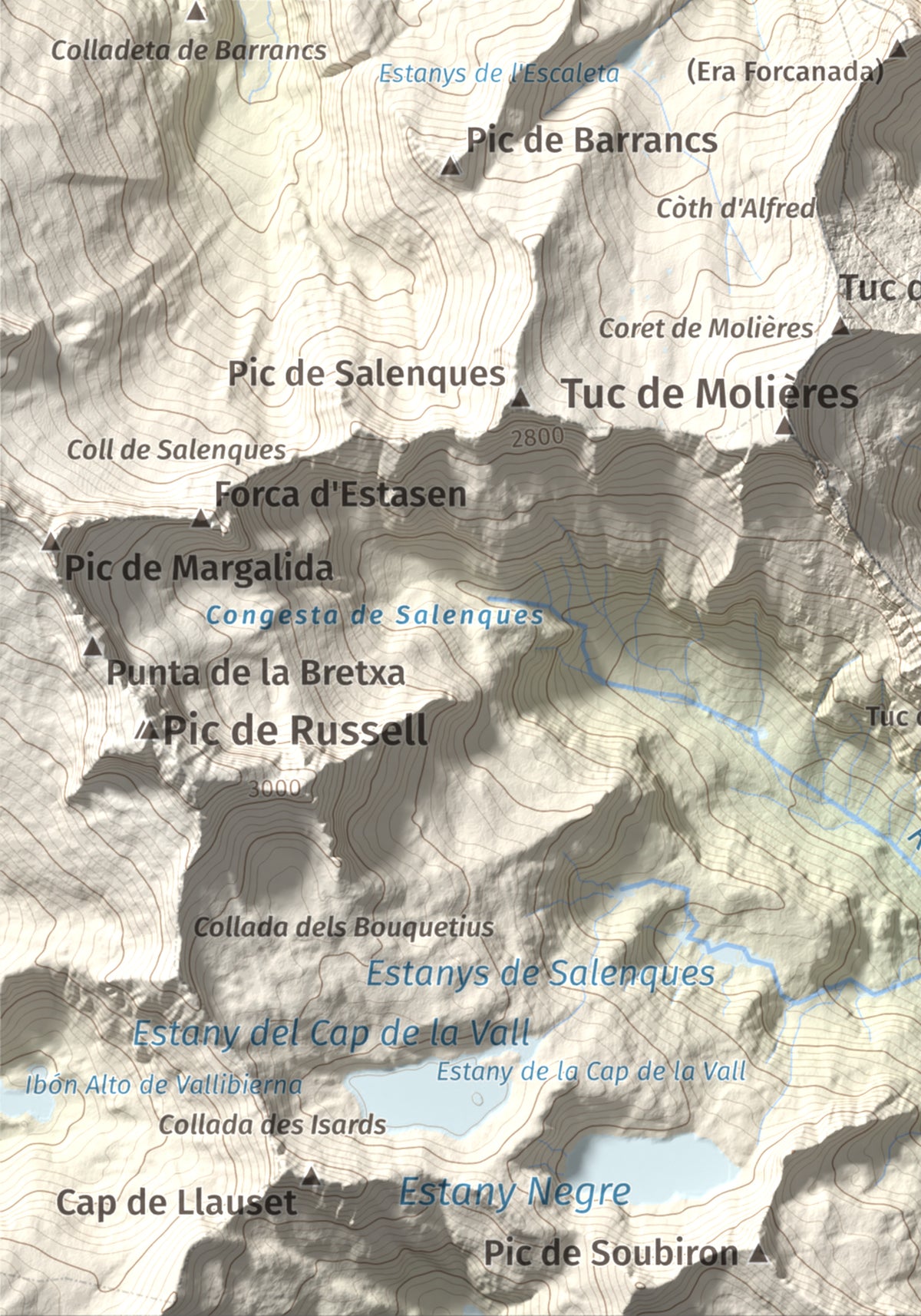 Mapa de relieve de Malh des Pois (la Forcanada), 2883 m, Val d'Aran, lámina 100 Cims de Trobart. Detalle de la zona inferior izquierda. 21 × 30 cm.