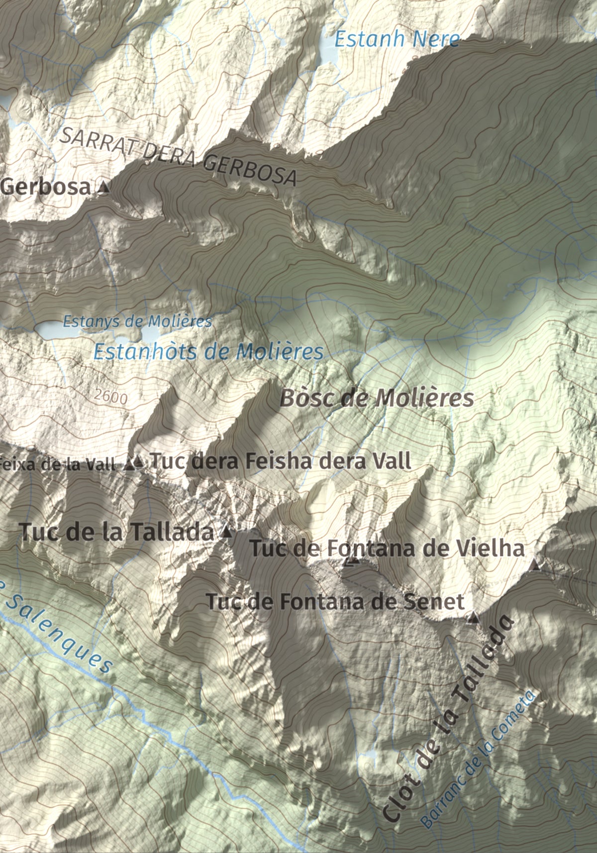Mapa de relieve de Malh des Pois (la Forcanada), 2883 m, Val d'Aran, lámina 100 Cims de Trobart. Detalle de la zona inferior derecha. 21 × 30 cm.