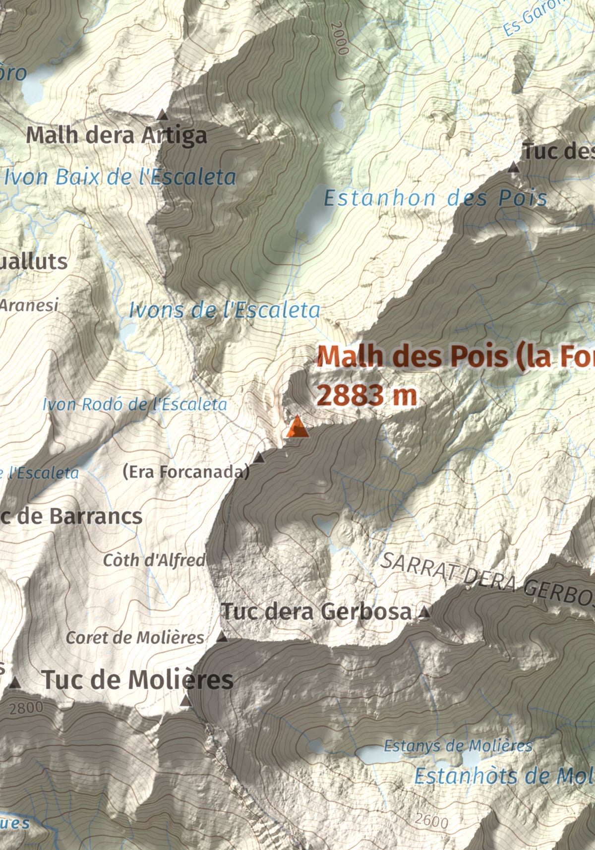 Mapa de relieve de Malh des Pois (la Forcanada), 2883 m, Val d'Aran, lámina 100 Cims de Trobart. Detalle de la zona central. 21 × 30 cm.