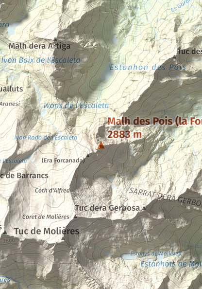 Mapa de relieve de Malh des Pois (la Forcanada), 2883 m, Val d'Aran, lámina 100 Cims de Trobart. Detalle de la zona central. 21 × 30 cm.