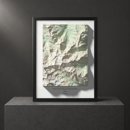 Mapa de relieve de Malh des Pois (la Forcanada), 2883 m, Val d'Aran, lámina 100 Cims de Trobart. Presentación enmarcada. 30 × 40 cm.