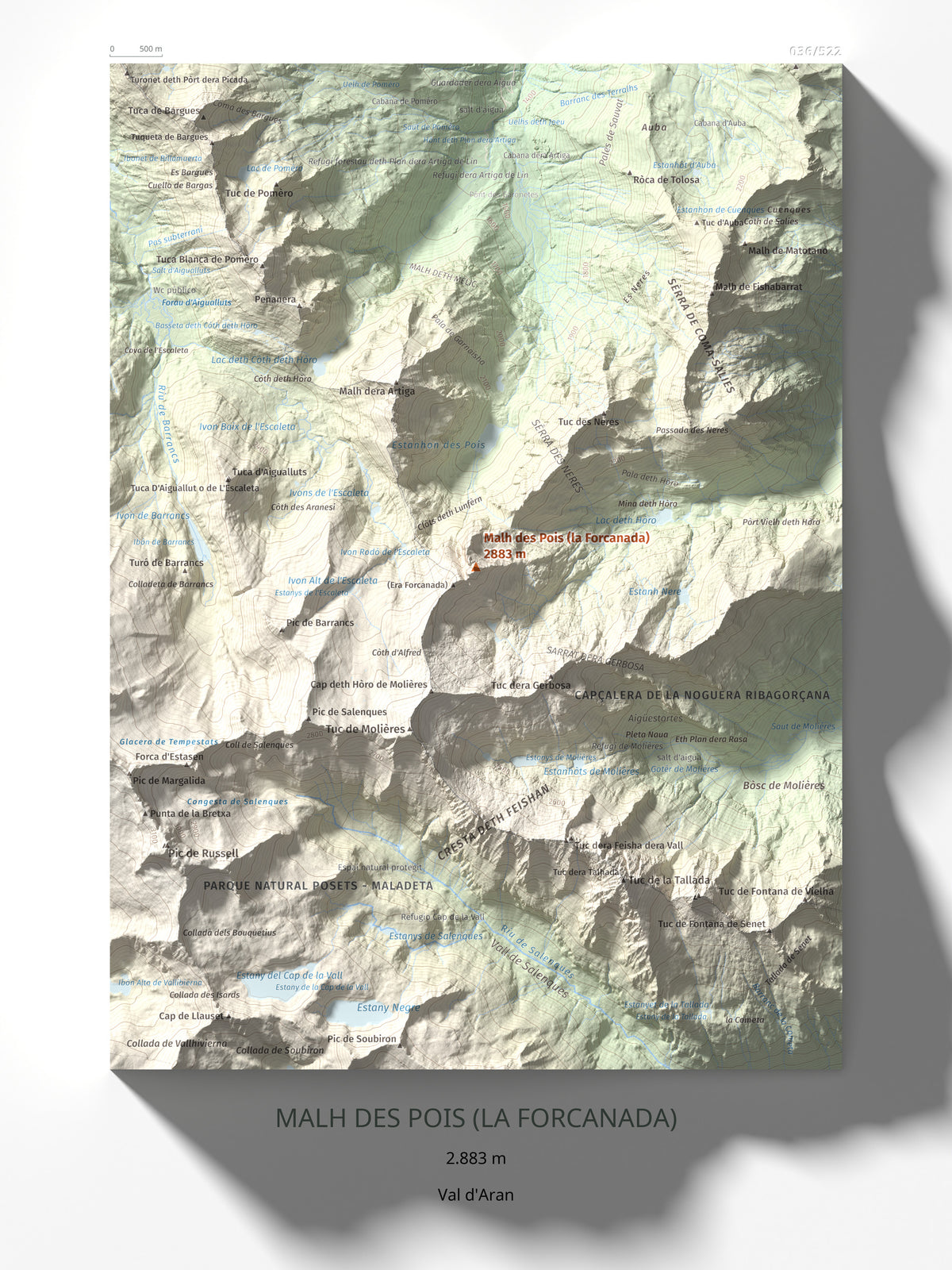 Mapa de relieve de Malh des Pois (la Forcanada), 2883 m, Val d'Aran, lámina 100 Cims de Trobart 30 × 40 cm.