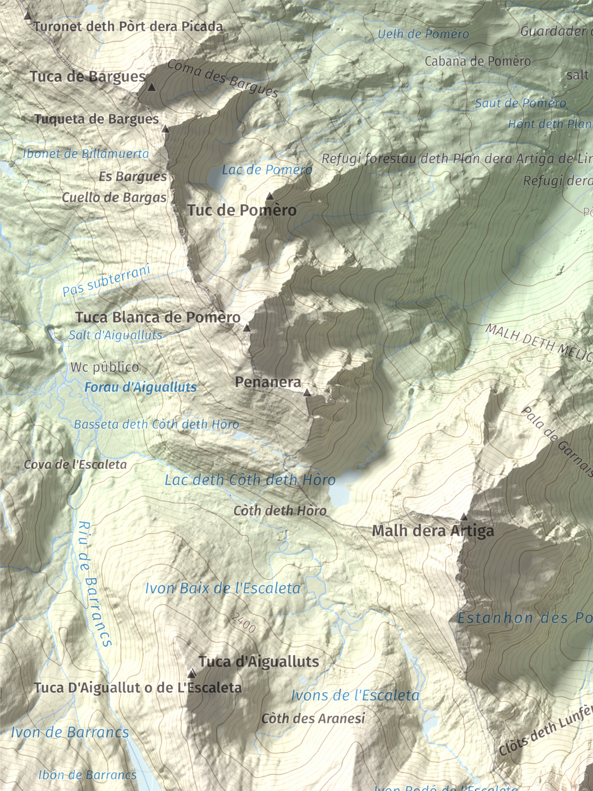 Mapa de relieve de Malh des Pois (la Forcanada), 2883 m, Val d'Aran, lámina 100 Cims de Trobart. Detalle de la zona superior izquierda. 30 × 40 cm.