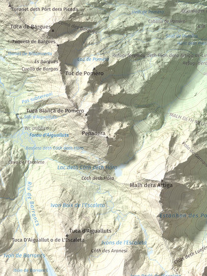 Mapa de relieve de Malh des Pois (la Forcanada), 2883 m, Val d'Aran, lámina 100 Cims de Trobart. Detalle de la zona superior izquierda. 30 × 40 cm.