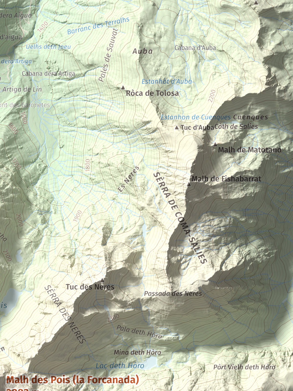 Mapa de relieve de Malh des Pois (la Forcanada), 2883 m, Val d'Aran, lámina 100 Cims de Trobart. Detalle de la zona superior derecha. 30 × 40 cm.