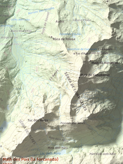 Mapa de relieve de Malh des Pois (la Forcanada), 2883 m, Val d'Aran, lámina 100 Cims de Trobart. Detalle de la zona superior derecha. 30 × 40 cm.