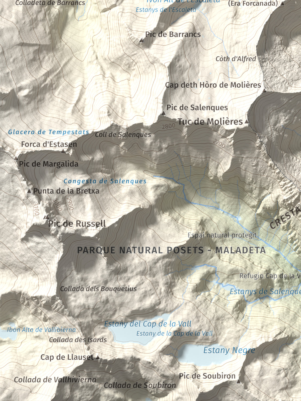 Mapa de relieve de Malh des Pois (la Forcanada), 2883 m, Val d'Aran, lámina 100 Cims de Trobart. Detalle de la zona inferior izquierda. 30 × 40 cm.