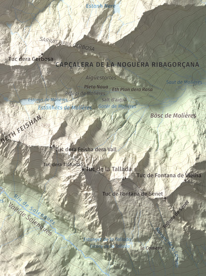 Mapa de relieve de Malh des Pois (la Forcanada), 2883 m, Val d'Aran, lámina 100 Cims de Trobart. Detalle de la zona inferior derecha. 30 × 40 cm.