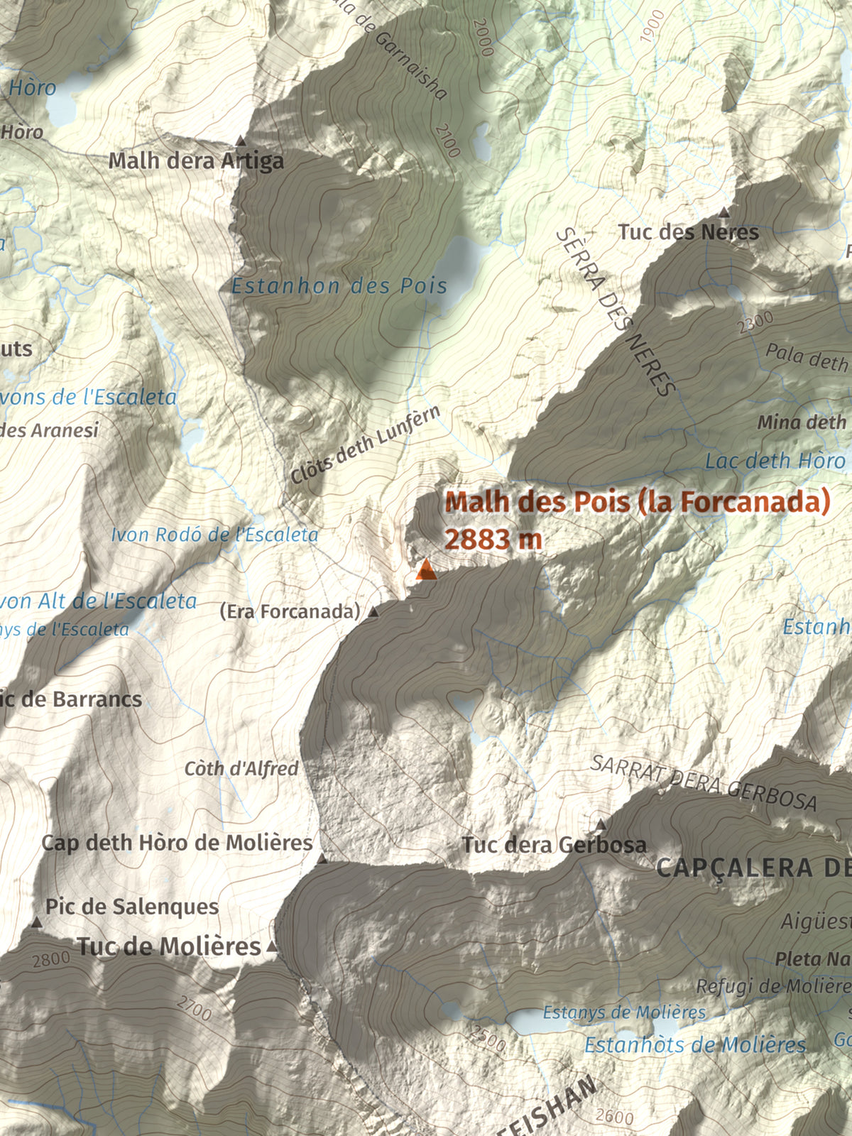 Mapa de relieve de Malh des Pois (la Forcanada), 2883 m, Val d'Aran, lámina 100 Cims de Trobart. Detalle de la zona central. 30 × 40 cm.