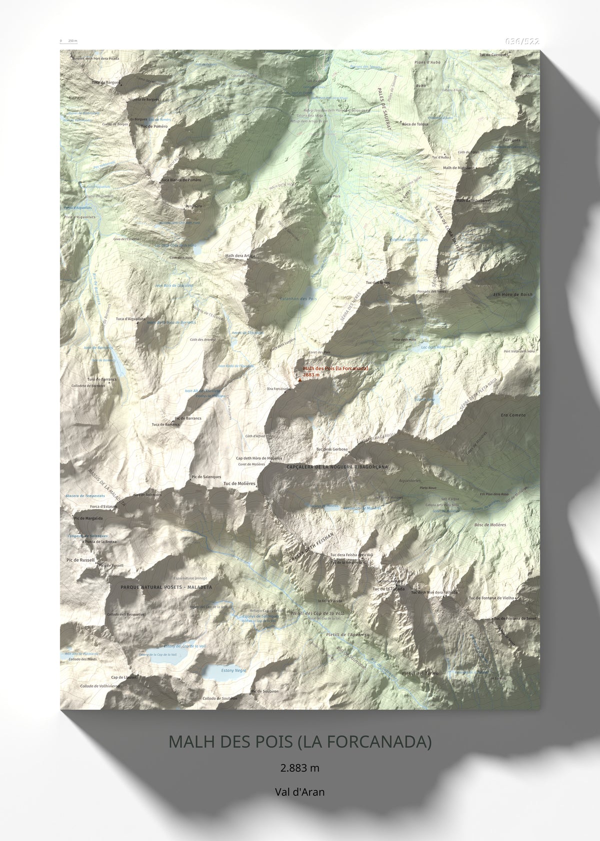 Mapa de relieve de Malh des Pois (la Forcanada), 2883 m, Val d'Aran, lámina 100 Cims de Trobart 50 × 70 cm.