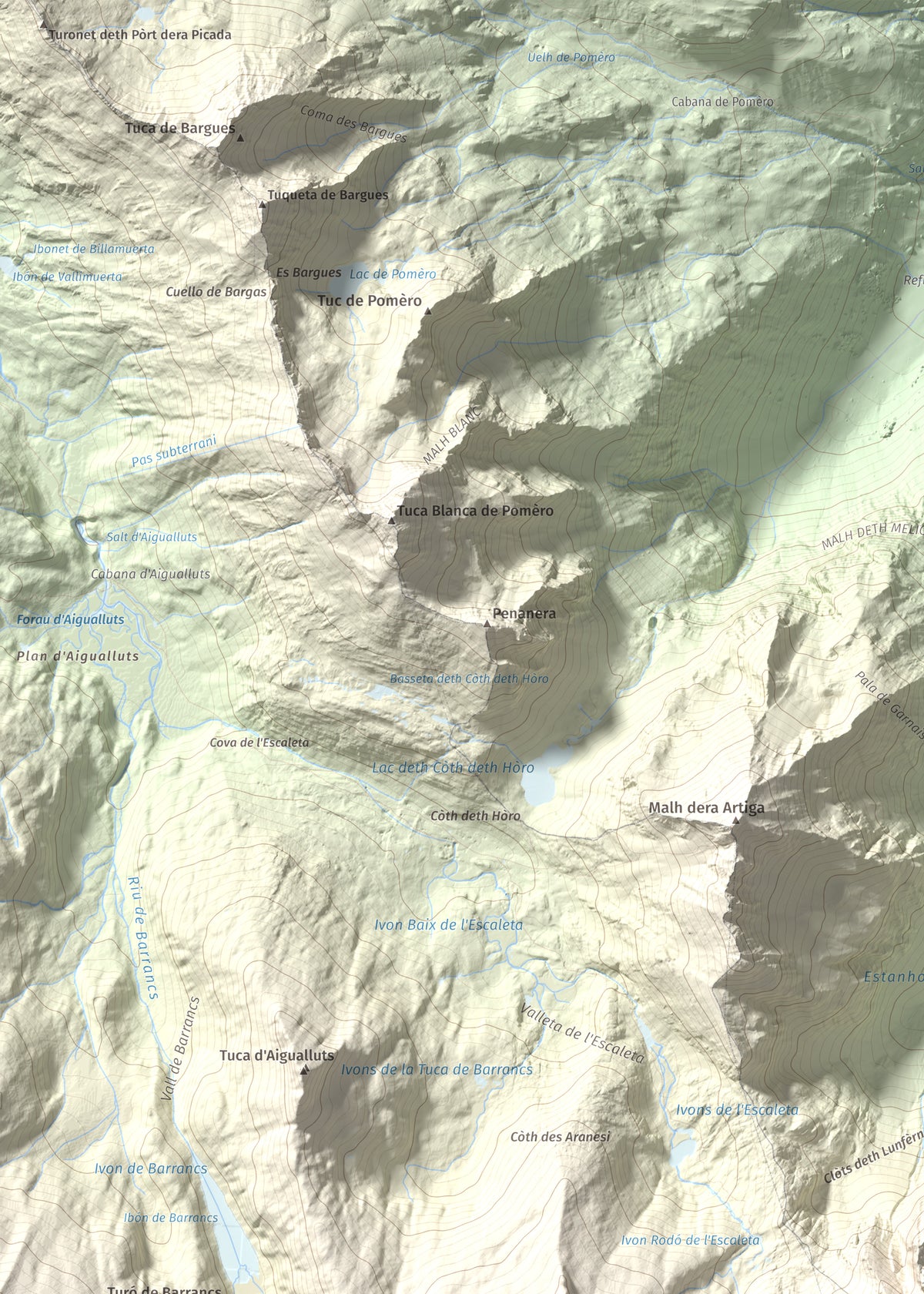 Mapa de relieve de Malh des Pois (la Forcanada), 2883 m, Val d'Aran, lámina 100 Cims de Trobart. Detalle de la zona superior izquierda. 50 × 70 cm.