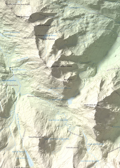 Mapa de relieve de Malh des Pois (la Forcanada), 2883 m, Val d'Aran, lámina 100 Cims de Trobart. Detalle de la zona superior izquierda. 50 × 70 cm.
