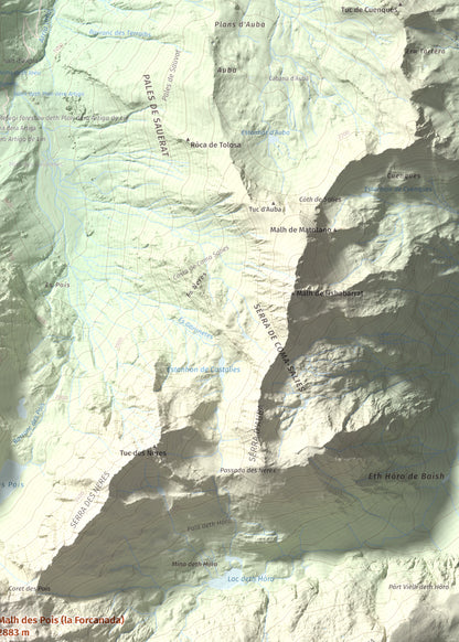 Mapa de relieve de Malh des Pois (la Forcanada), 2883 m, Val d'Aran, lámina 100 Cims de Trobart. Detalle de la zona superior derecha. 50 × 70 cm.