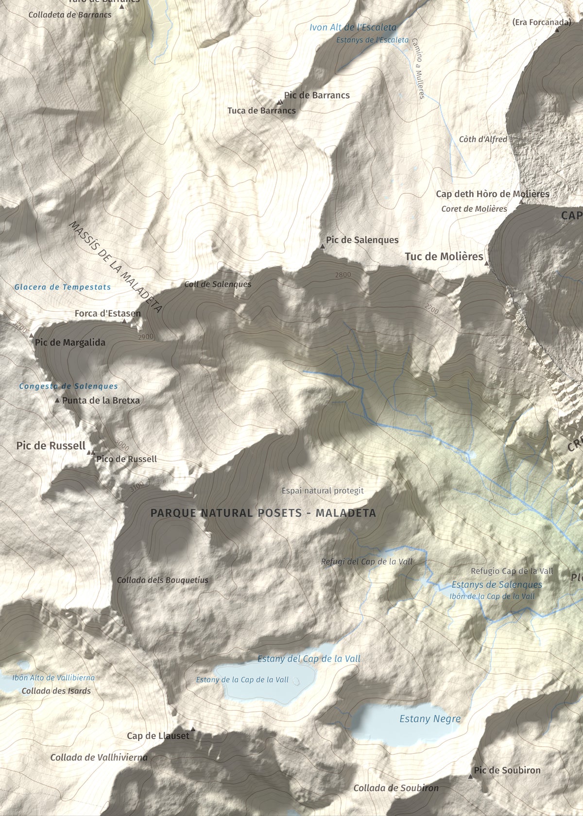 Mapa de relieve de Malh des Pois (la Forcanada), 2883 m, Val d'Aran, lámina 100 Cims de Trobart. Detalle de la zona inferior izquierda. 50 × 70 cm.