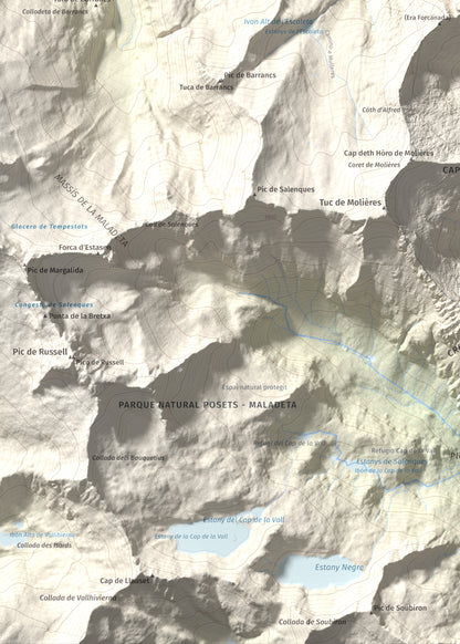 Mapa de relieve de Malh des Pois (la Forcanada), 2883 m, Val d'Aran, lámina 100 Cims de Trobart. Detalle de la zona inferior izquierda. 50 × 70 cm.