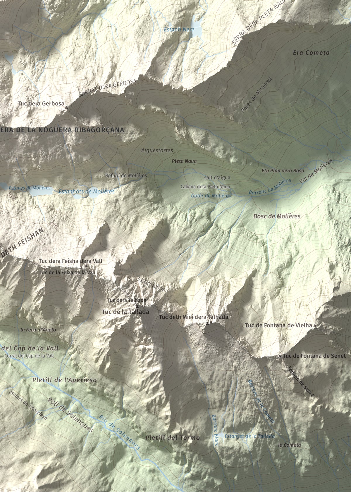 Mapa de relieve de Malh des Pois (la Forcanada), 2883 m, Val d'Aran, lámina 100 Cims de Trobart. Detalle de la zona inferior derecha. 50 × 70 cm.
