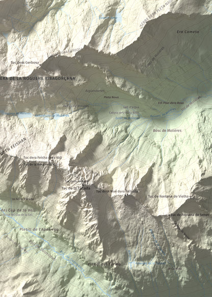 Mapa de relieve de Malh des Pois (la Forcanada), 2883 m, Val d'Aran, lámina 100 Cims de Trobart. Detalle de la zona inferior derecha. 50 × 70 cm.