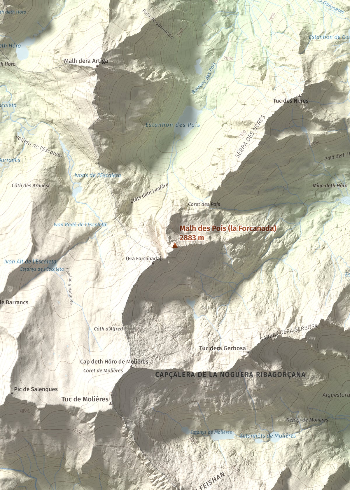 Mapa de relieve de Malh des Pois (la Forcanada), 2883 m, Val d'Aran, lámina 100 Cims de Trobart. Detalle de la zona central. 50 × 70 cm.