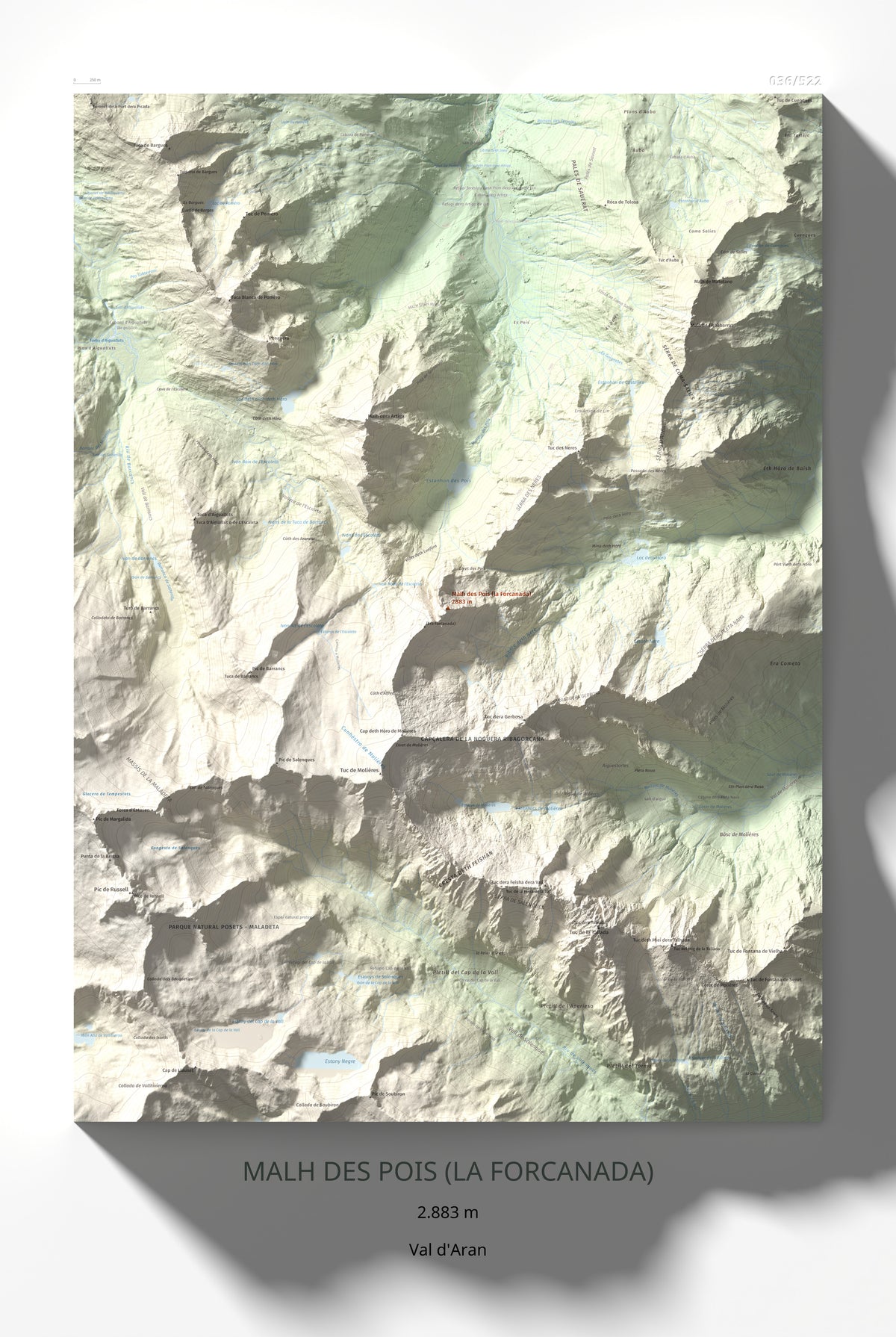 Mapa de relieve de Malh des Pois (la Forcanada), 2883 m, Val d'Aran, lámina 100 Cims de Trobart 61 × 91 cm.