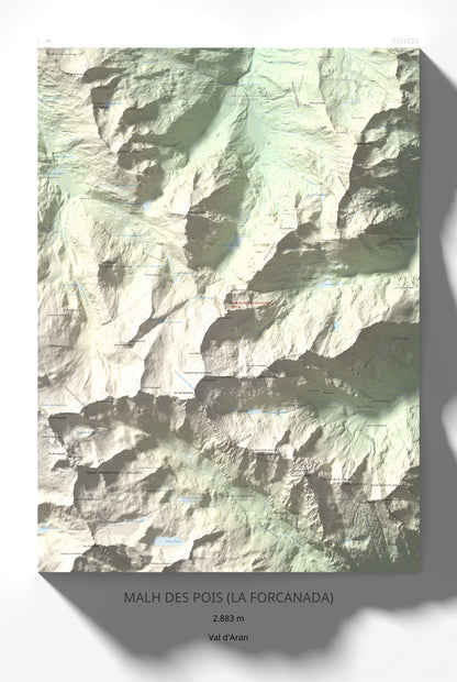 Mapa de relieve de Malh des Pois (la Forcanada), 2883 m, Val d'Aran, lámina 100 Cims de Trobart 61 × 91 cm.