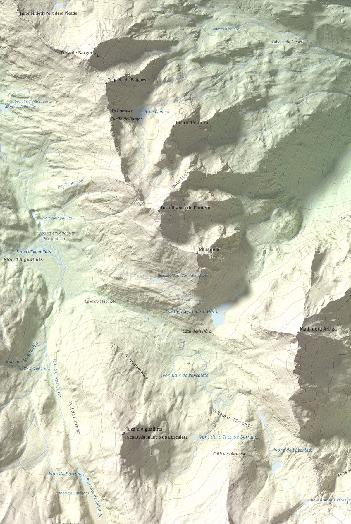 Mapa de relieve de Malh des Pois (la Forcanada), 2883 m, Val d'Aran, lámina 100 Cims de Trobart. Detalle de la zona superior izquierda. 61 × 91 cm.