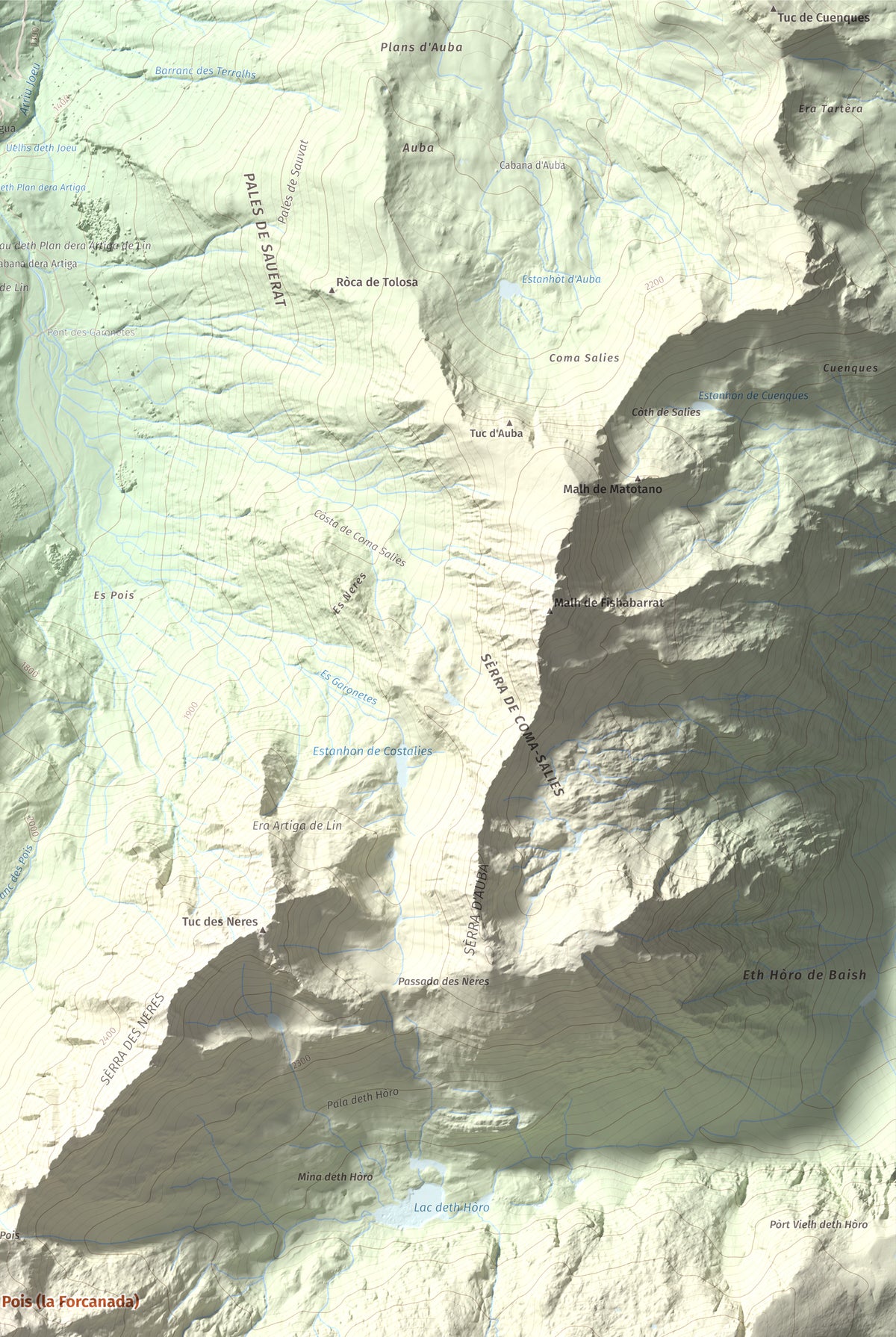 Mapa de relieve de Malh des Pois (la Forcanada), 2883 m, Val d'Aran, lámina 100 Cims de Trobart. Detalle de la zona superior derecha. 61 × 91 cm.