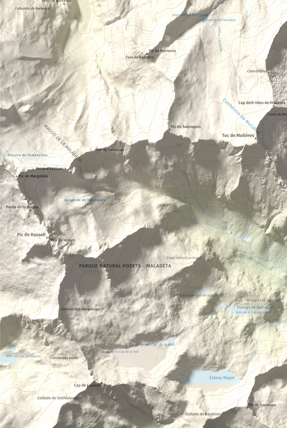 Mapa de relieve de Malh des Pois (la Forcanada), 2883 m, Val d'Aran, lámina 100 Cims de Trobart. Detalle de la zona inferior izquierda. 61 × 91 cm.