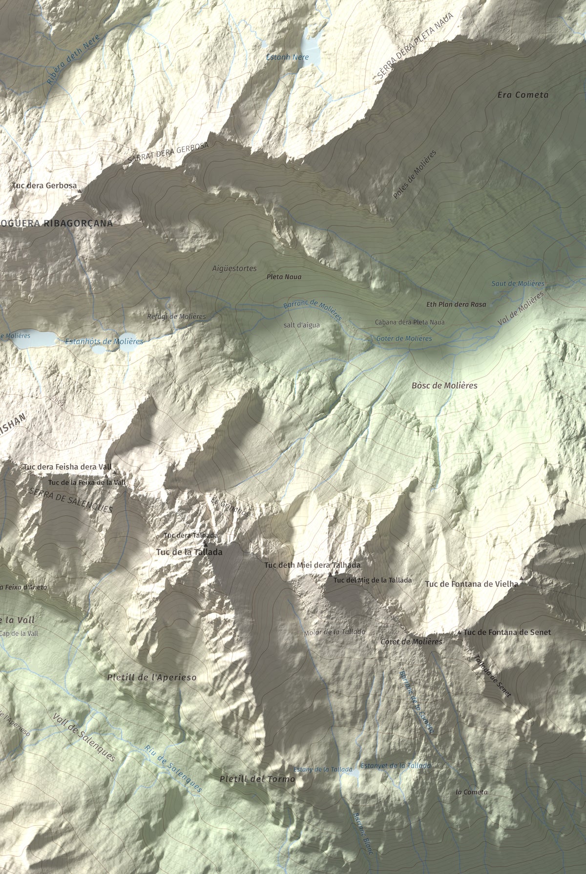 Mapa de relieve de Malh des Pois (la Forcanada), 2883 m, Val d'Aran, lámina 100 Cims de Trobart. Detalle de la zona inferior derecha. 61 × 91 cm.