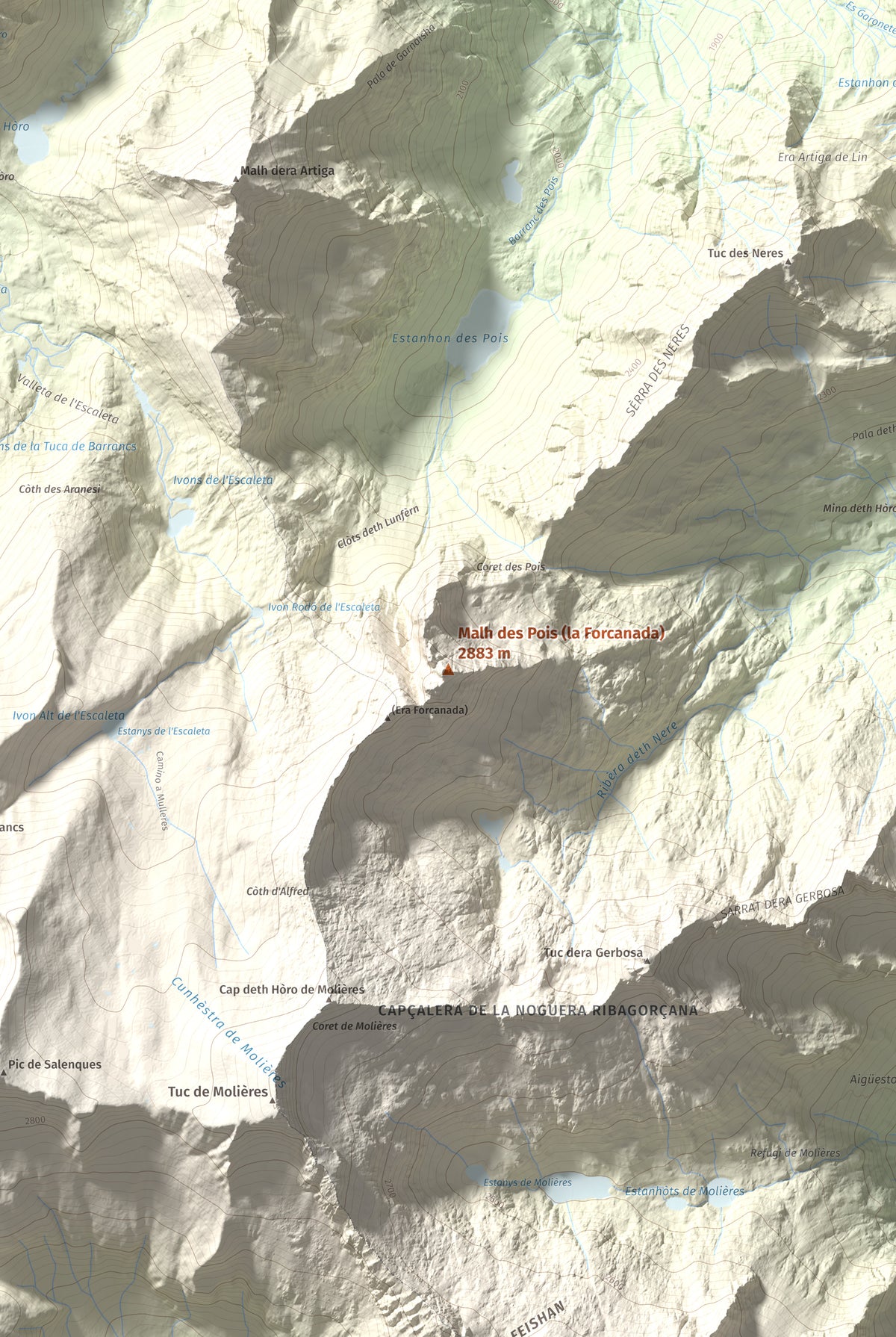 Mapa de relieve de Malh des Pois (la Forcanada), 2883 m, Val d'Aran, lámina 100 Cims de Trobart. Detalle de la zona central. 61 × 91 cm.