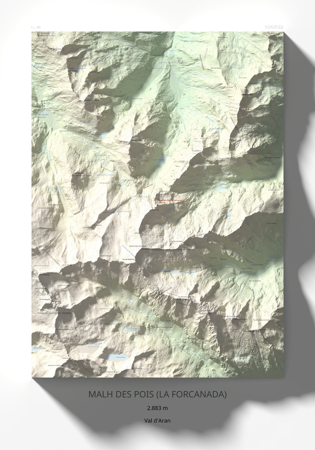 Mapa de relieve de Malh des Pois (la Forcanada), 2883 m, Val d'Aran, lámina 100 Cims de Trobart 70 × 100 cm.